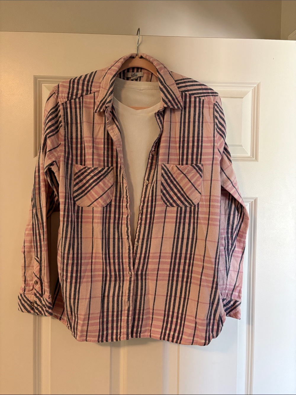 Pink and Blue Striped Flannel Button-Up Shirt